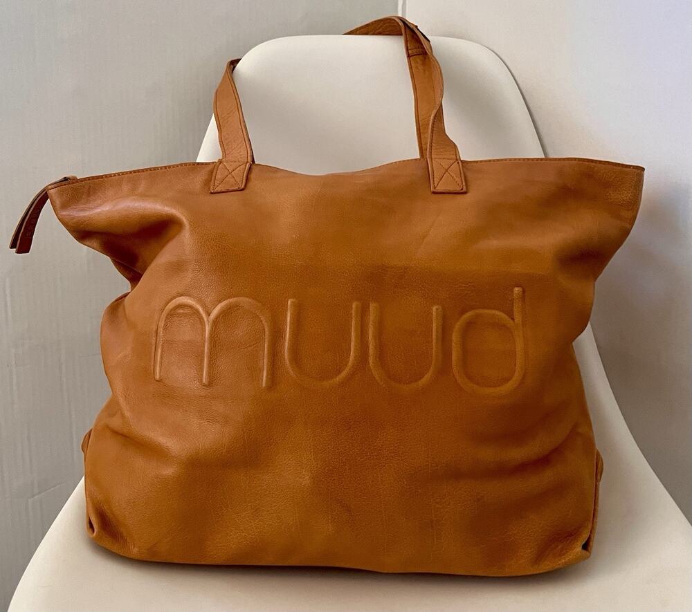 MUUD Laura Leather Tote Bag Cognac Large Zip Top Carryall Designed Denmark